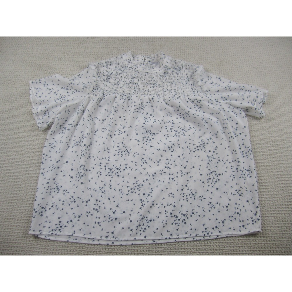 Darling Blouse Shirt Womens Medium White Blue Speckled Gathered Neckline‎